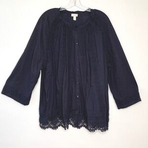 LOGO Lavish Womens Peasant Boho Tunic Top Embroidered Button Down Black Size 2X